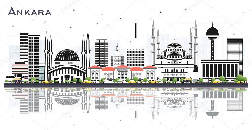 Ankara Turkey City Skyline with Color Buildings and Reflections Isolated on White. Vector Illustration. Ankara Cityscape with Landmarks. Business Travel and Tourism Concept with Historyc Architecture.