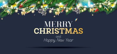 Neon ışıkları olan Firavun Şubeleri ve Mavi Arkaplanda helikopterleri olan Altın Çelenk. Renkli Twinkles 'la Noel süslemesi. Mutlu Noeller ve mutlu yıllar. Vektör illüstrasyonu