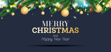 Neon ışıkları ve altın topları olan Firavun şubeleri. Renkli Twinkles 'la Noel süslemesi. Parlak Yıldızlı Çelenkler. Vektör illüstrasyonu.