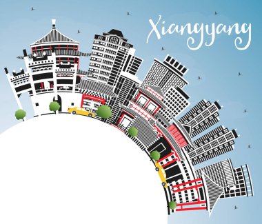 Xiangyang China City Skyline, Renkli Binalar, Mavi Gökyüzü ve Kopya Uzayı. Vektör İllüstrasyonu. Tarihi ve Modern Mimariyle İş Seyahat ve Turizm Konsepti. Simgeli Xiangyang Şehri.