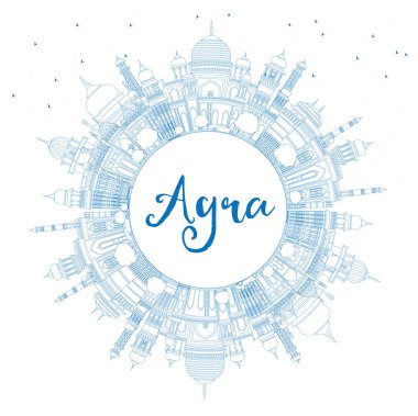 Anahat Agra India City Skyline ile Blue Buildings ve Copy Space. Vektör İllüstrasyonu. Tarihi Mimariyle İş Seyahati ve Turizm Konsepti. Agra Uttar Pradesh Şehir Manzarası.