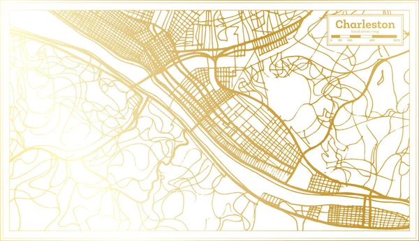 チャールストンUsaシティマップ ゴールデンカラーでレトロスタイル 概要図 ベクターイラスト — ストックベクタ