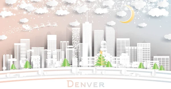 Denver Colorado Usa City Skyline Paper Cut Style Snowflakes Moon — Stock Vector