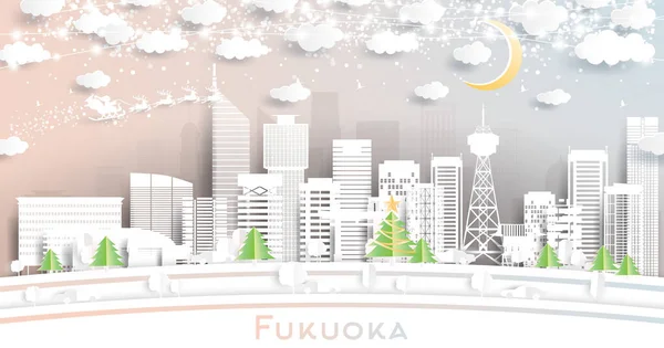 Fukuoka Japan City Skyline Paper Cut Stil Mit Schneeflocken Mond — Stockvektor