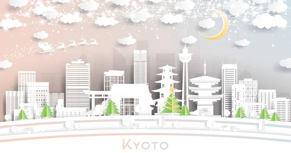 Kyoto Japan City Skyline Paper Cut Stil Mit Schneeflocken Mond — Stockvektor