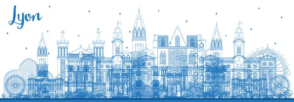 Zarys Lyon France City Skyline Blue Buildings Ilustracja Wektora Koncepcja — Wektor stockowy