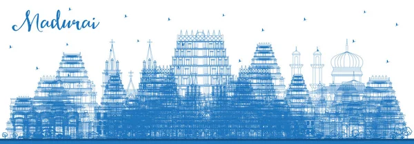 马都拉市蓝楼天际线轮廓 病媒说明 具有历史建筑的商务旅行和旅游概念 有地标的马都拉市风景 — 图库矢量图片
