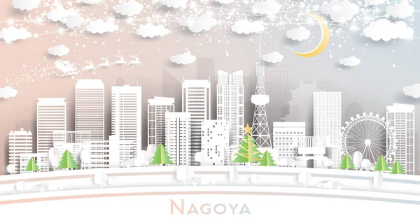 Nagoya Japan City Skyline Paper Cut Style Med Snöflingor Moon — Stock vektor