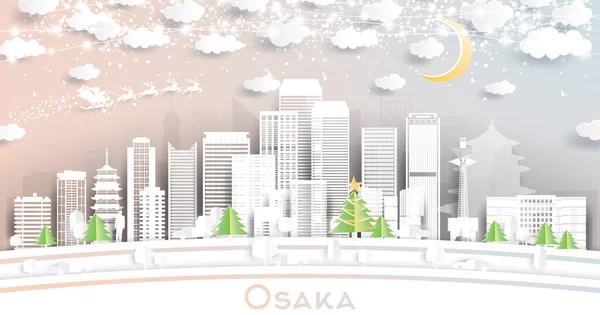 Osaka Japan City Skyline Paper Cut Style Snowflakes Moon Neon — Vector de stock