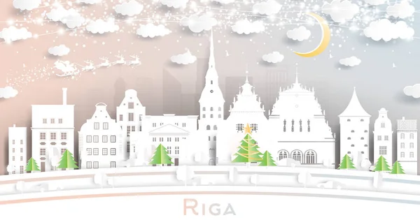 里加拉脱维亚市天空剪纸风格与雪花 月亮和霓虹灯加兰 病媒说明 圣诞节和新年的概念 雪橇上的圣诞老人 — 图库矢量图片