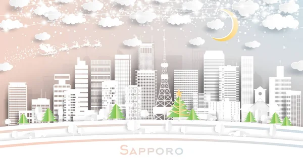 Sapporo Japan City Skyline Estilo Corte Papel Con Copos Nieve — Vector de stock