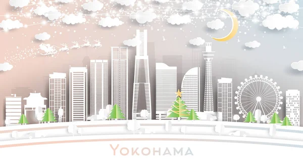 Yokohama Japan City Skyline Paper Cut Stil Mit Schneeflocken Mond — Stockvektor