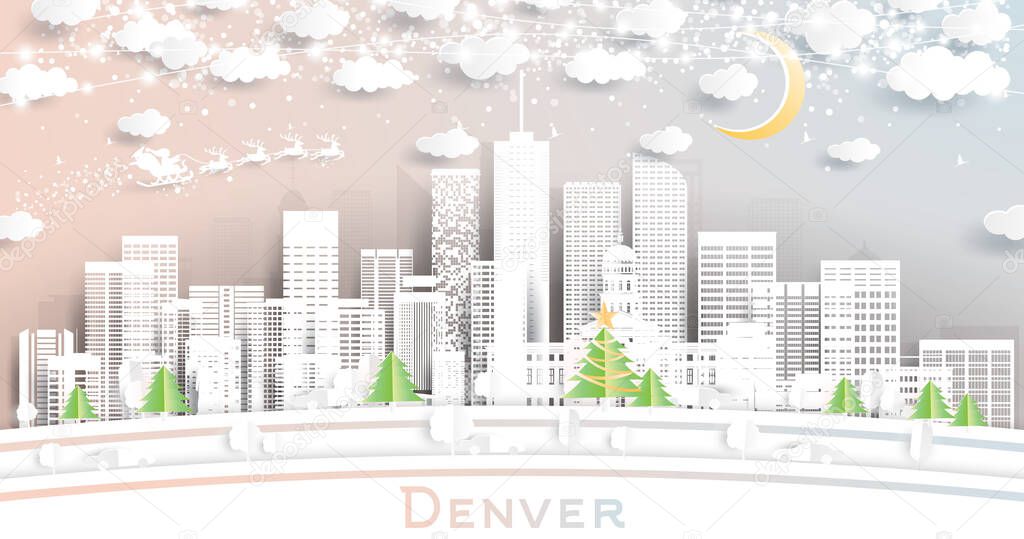 Denver Colorado USA City Skyline in Paper Cut Style with Snowflakes, Moon and Neon Garland. Vector Illustration. Christmas and New Year Concept. Santa Claus on Sleigh.