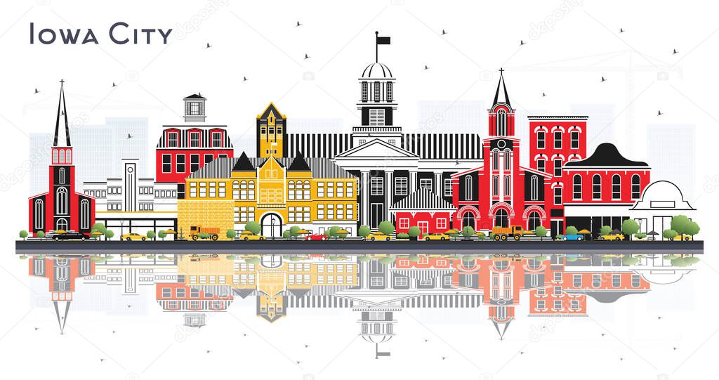 Iowa City Skyline with Color Buildings and Reflections Isolated on White Background. Vector Illustration. Business Travel and Tourism Illustration with Historic Architecture.