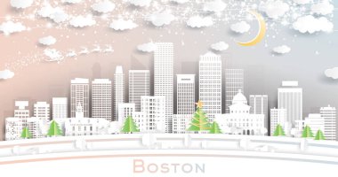 Boston Massachusetts USA City Skyline 'da Kar Taneleri, Ay ve Neon Garland ile birlikte. Vektör İllüstrasyonu. Noel ve Yeni Yıl Kavramı. Noel Baba Kızakta.