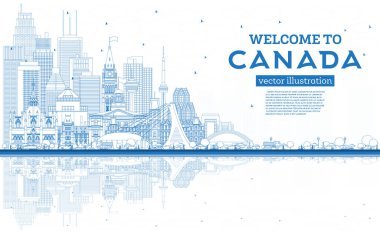 Blue Buildings ile Kanada City Skyline 'a hoş geldiniz. Vektör İllüstrasyonu. Tarih Mimarisi kavramı. Landmark 'lı Kanada şehri manzarası. Ottawa 'da. Toronto mu? Montreal. Vancouver.