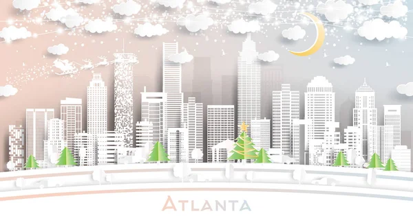 Atlanta Georgia City Skyline Paper Cut Stijl Met Sneeuwvlokken Maan — Stockvector