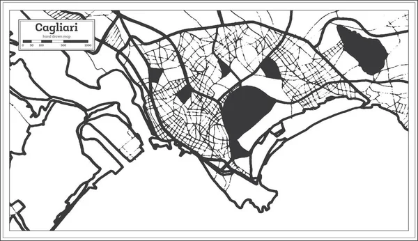 カリアリイタリア都市地図レトロスタイルで黒と白の色で 概要図 ベクターイラスト — ストックベクタ