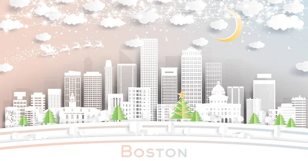 Boston Massachusetts Usa City Skyline Paper Cut Style Snowflakes Moon — стоковий вектор