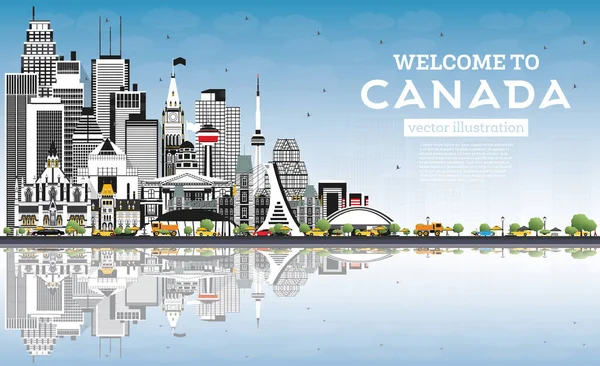 Bienvenido Canada City Skyline Con Edificios Grises Cielo Azul Ilustración — Vector de stock