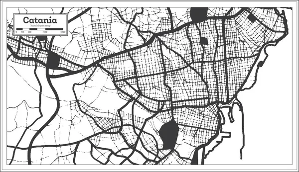 カターニアイタリア都市地図レトロスタイルで黒と白の色で 概要図 ベクターイラスト — ストックベクタ