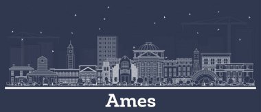 Beyaz Binalarla Ames Iowa Skyline 'ın ana hatlarını çiz. Vektör İllüstrasyonu. Tarihi Mimariyle İş Seyahati ve Turizm Konsepti. Tarihi Simgeli Ames Şehir Manzarası.