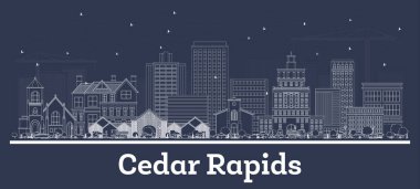 Cedar Rapids Iowa Skyline ve White Buildings 'in ana hatlarını çizin. Vektör İllüstrasyonu. Tarihi Mimariyle İş Seyahati ve Turizm Konsepti. Yer imleriyle Cedar Rapids Şehir Manzarası.