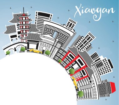 Xiaogan China City Skyline Renkli Binalar, Mavi Gökyüzü ve Kopya Uzayı. Vektör İllüstrasyonu. Tarihi ve Modern Mimariyle İş Seyahat ve Turizm Konsepti. Simgeli Xiaogan Şehir Manzarası.