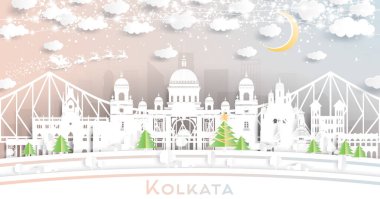 Kolkata (Kalküta) India City Skyline with Paper Cut Style with Snowflakes, Moon and Neon Garland. Vektör İllüstrasyonu. Noel ve Yeni Yıl Kavramı. Noel Baba Kızakta.