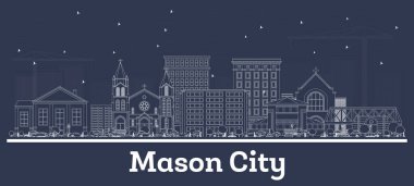 Mason City Iowa Skyline ve White Buildings 'in ana hatları. Vektör İllüstrasyonu. Tarihi Mimariyle İş Seyahati ve Turizm Konsepti. Mason Şehri Şehir Manzarası.