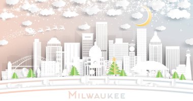 Milwaukee Wisconsin City Skyline Kağıt Kesiği Tarzı ile Kar Taneleri, Ay ve Neon Garland. Vektör İllüstrasyonu. Noel ve Yeni Yıl Kavramı. Noel Baba Kızakta.