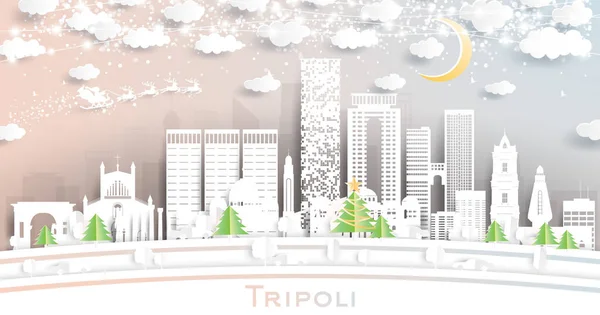 Tripoli Líbia Város Skyline Papír Vágott Stílus Hópelyhek Hold Neon — Stock Vector