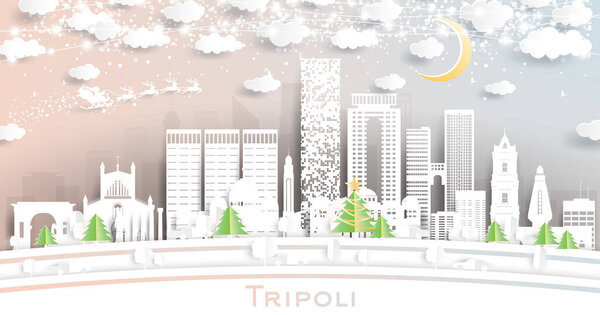Tripoli Libya City Skyline в стиле Paper Cut с подснежниками, луной и неоновой гирляндой. Векторная иллюстрация. Концепция Рождества и Нового года. Санта-Клаус на санях.
