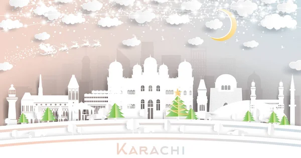 Karaçi Pakistan Şehir Skyline Kar Taneleri Neon Garland Ile Kağıt — Stok Vektör