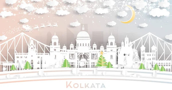加尔各答 加尔各答 印度城市天际线剪纸风格与雪花 月亮和霓虹灯加兰 病媒说明 圣诞节和新年的概念 雪橇上的圣诞老人 — 图库矢量图片