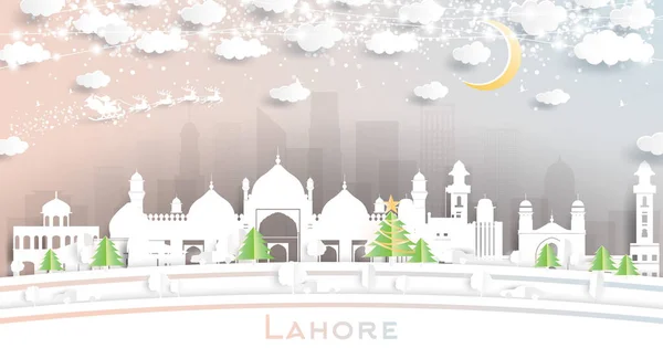 Lahore Pakistan City Skyline Paper Cut Style Snowflakes Moon Neon — стоковий вектор