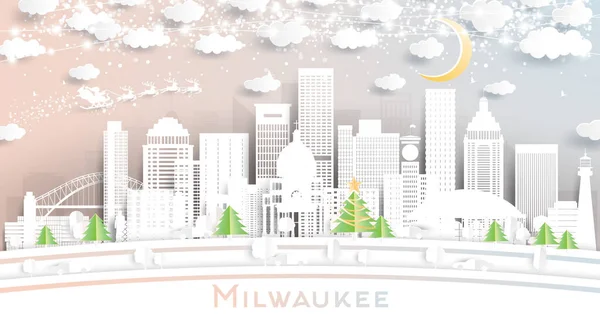 Milwaukee Wisconsin City Skyline Paper Cut Style Sněhovými Vločkami Měsícem — Stockový vektor