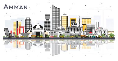 Amman Jordan City Skyline ile Renk Binaları ve Yansımaları Beyazın Üzerinde İzole Edildi. Vektör İllüstrasyonu. Modern Mimariyle İş Seyahatleri ve Turizm Konsepti. Amman Şehir Manzarası Simgeli.