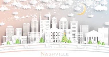 Nashville Tennessee USA City Skyline with Paper Cut Style with Snowflakes, Moon and Neon Garland. Vektör İllüstrasyonu. Noel ve Yeni Yıl Kavramı. Noel Baba Kızakta.