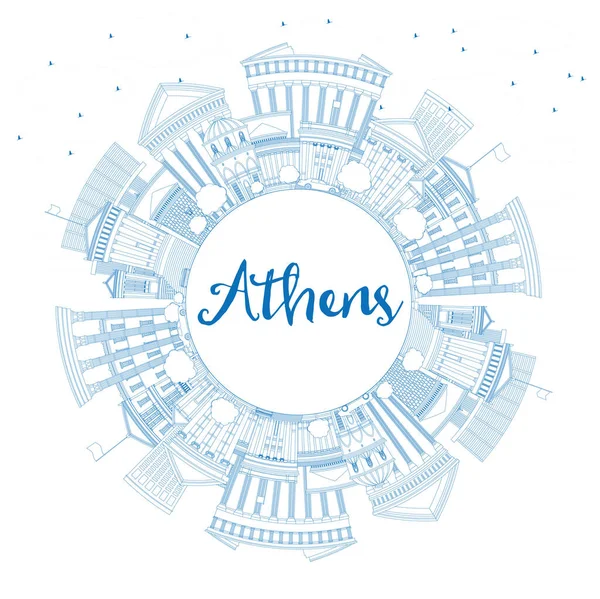 Delinear Atenas Grecia Ciudad Skyline Con Edificios Azules Espacio Copia — Vector de stock