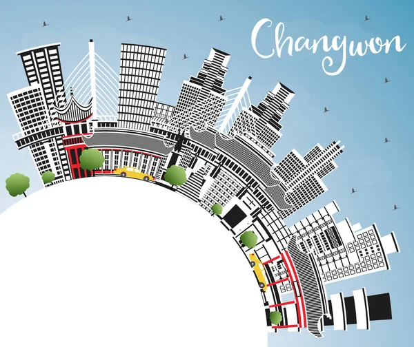 Changwon Sydkorea City Skyline Med Color Buildings Blue Sky Och — Stock vektor