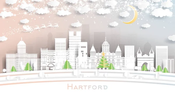 Hartford Connecticut Usa City Skyline Paper Cut Style Snowflakes Moon — Vector de stock