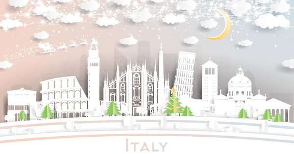 Italy City Skyline Paper Cut Style Met Sneeuwvlokken Maan Neon — Stockvector