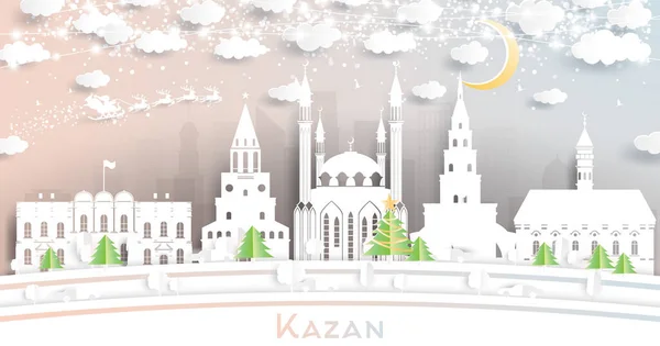 Kazan Russia City Skyline Style Paper Cut Avec Flocons Neige — Image vectorielle