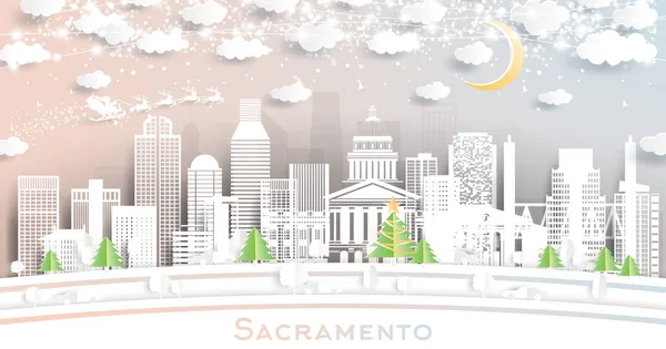 Sacramento California Usa City Skyline Стиле Paper Cut Снежинками Луной — стоковый вектор