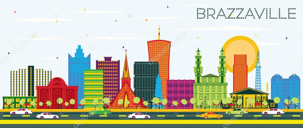 Brazzaville Republic of Congo City Skyline with Color Buildings and Blue Sky. Vector Illustration. Business Travel and Tourism Concept with Historic Architecture. Brazzaville Cityscape with Landmarks.