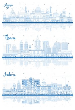Thane, Indore ve Agra India City Skyline Set ve Blue Buildings and Reflections. Yer İmlerine sahip şehir manzarası.