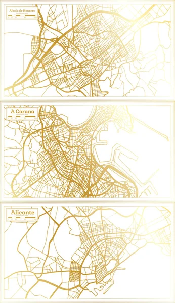 阿利坎特 科鲁纳与阿尔卡拉 亨纳雷斯 西班牙城市地图 采用金黄色复古风格 概要图 — 图库照片