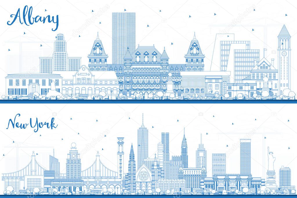 Outline Albany and New York City Skylines Set with Blue Buildings. USA Cityscapes with Landmarks. Business Travel and Tourism Concept with Modern Architecture.