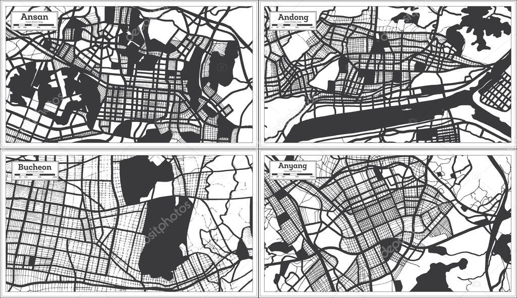 Bucheon, Andong, Anyang and Ansan South Korea City Maps Set in Black and White Color in Retro Style. Outline Maps.